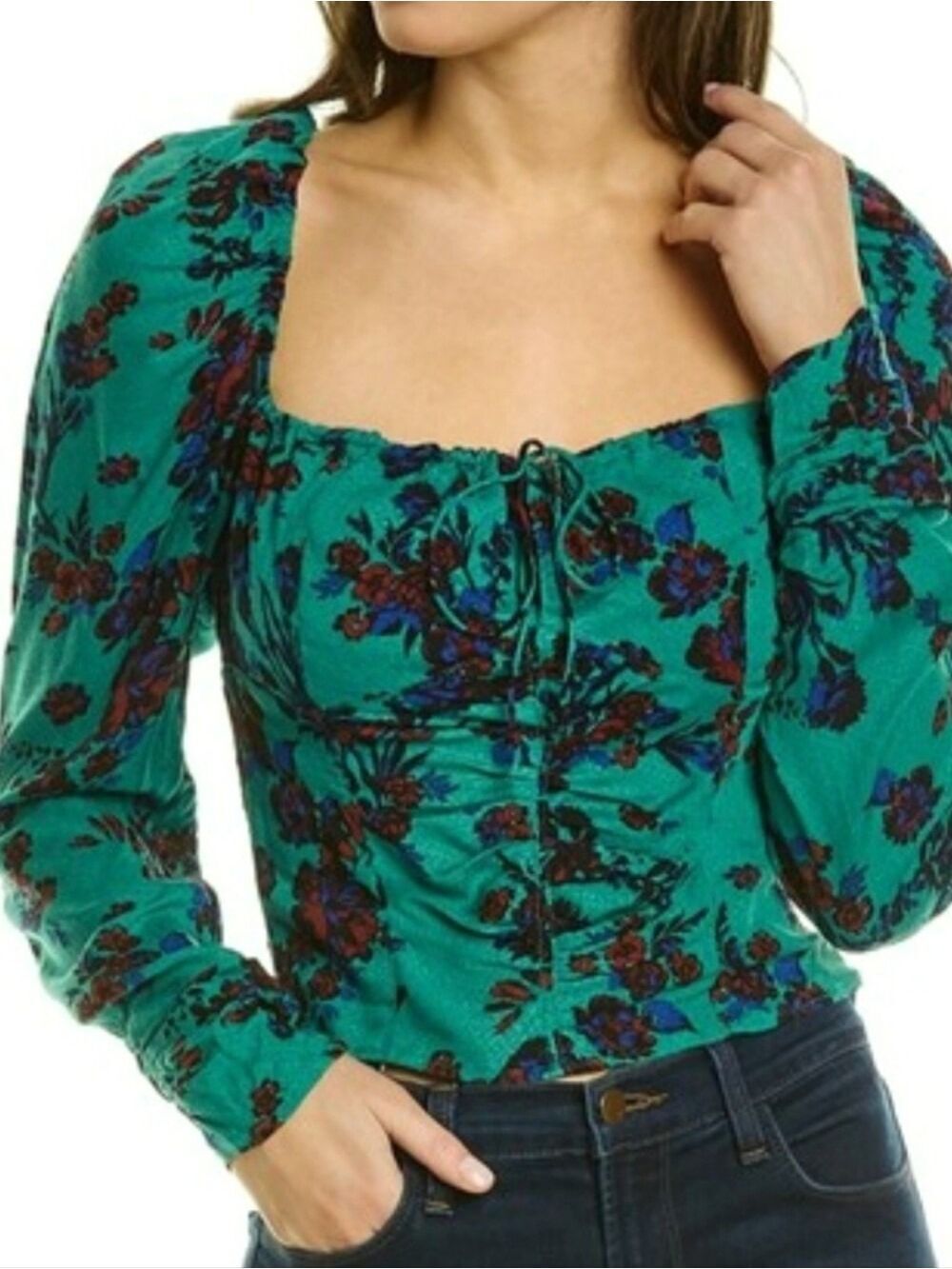 Free People Hilary Green Floral Smocked Puff Sleeve Crop Top Size Small NWT